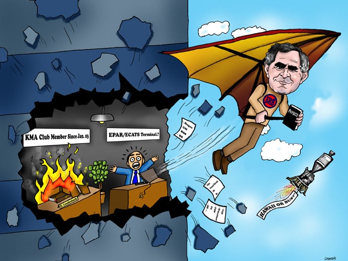guy flying away hang gliding office
