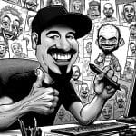 Illustration of a caricature artist Grant at work, sitting at a drawing table surrounded by exaggerated caricature sketches on the wall behind him
