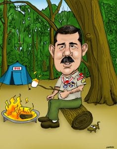portrait cartoon of scout master camp fire