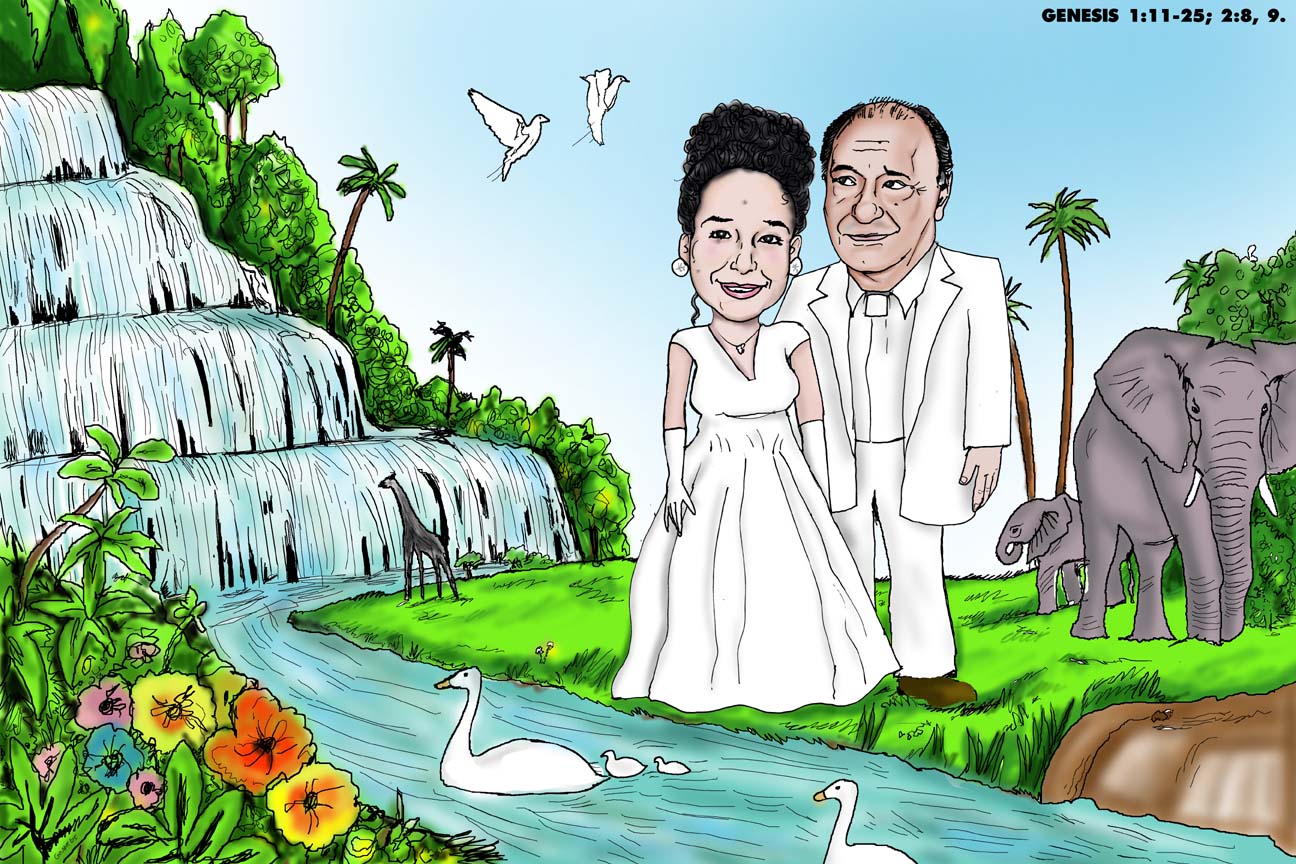 wedding caricature bride  groom waterfall